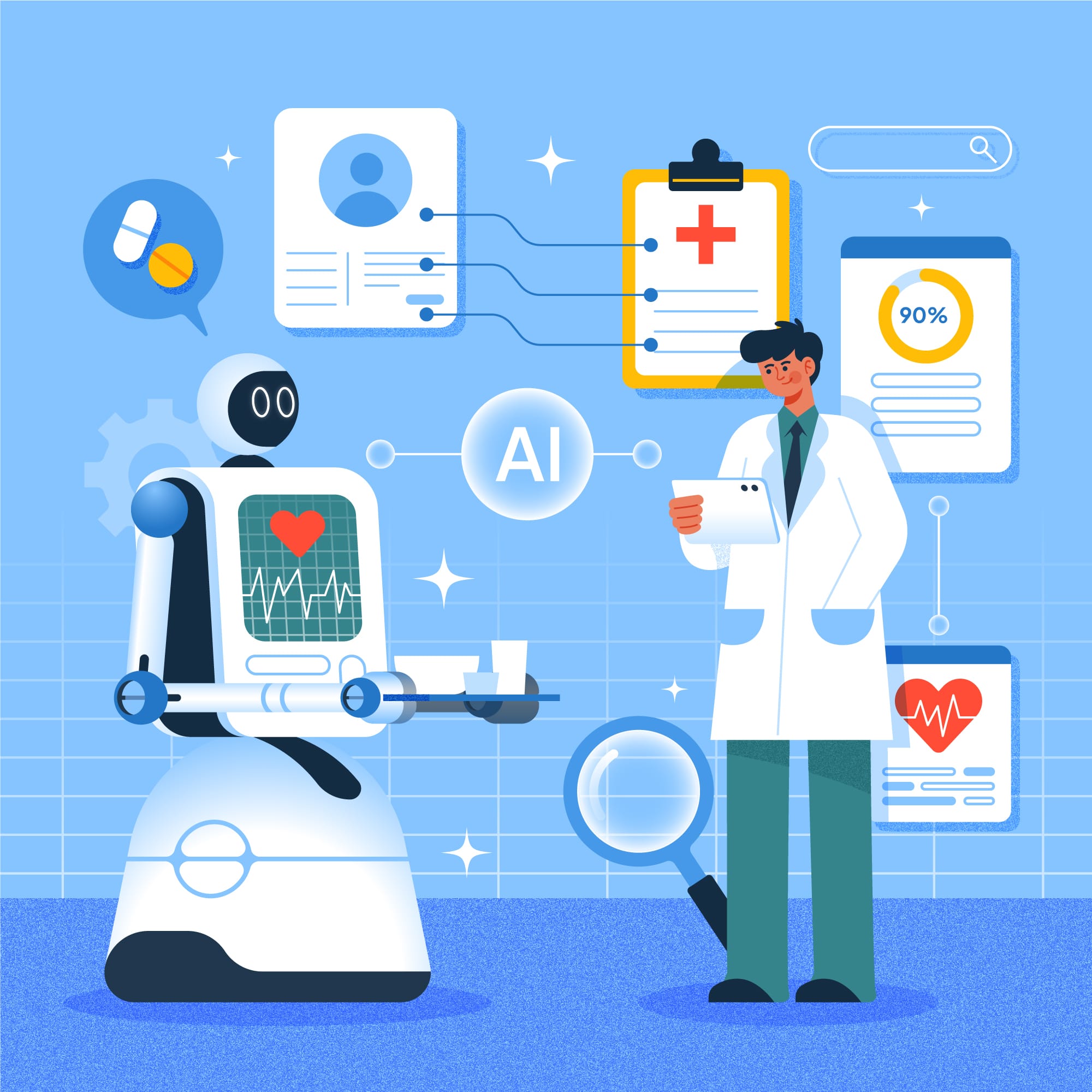 Web Development Cost in 2025 - How AI in Healthcare and Equity in Hungary Is Shaping a Smarter, Fairer Future Illustration of AI in Healthcare and Equity in Hungary showing a doctor using a tablet alongside a medical robot analyzing patient health data.
